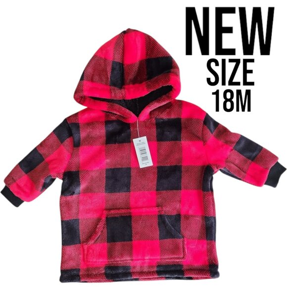 New Size 18M Sherpa Hoodie Sweatshirt sweater plaid 18 months Red Black Toddler - Picture 1 of 9